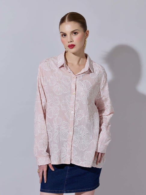 Showoffff Pink Cotton Relaxed Fit Embroidered Shirt