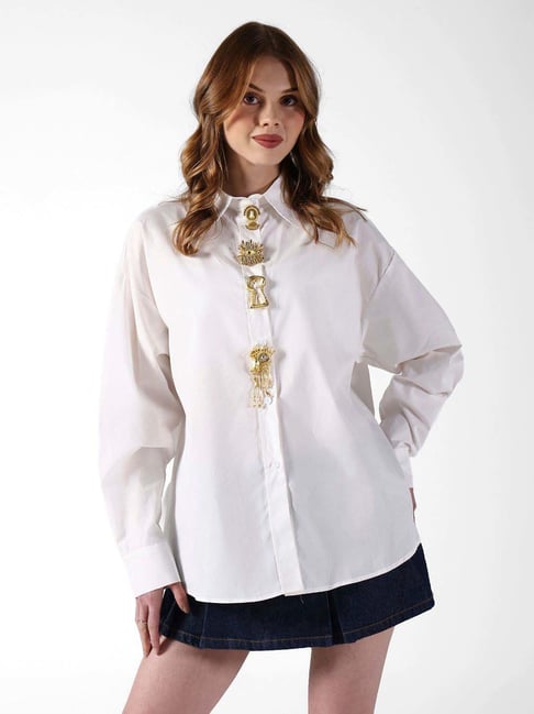 Showoffff White Cotton Loose Fit Embellished Shirt