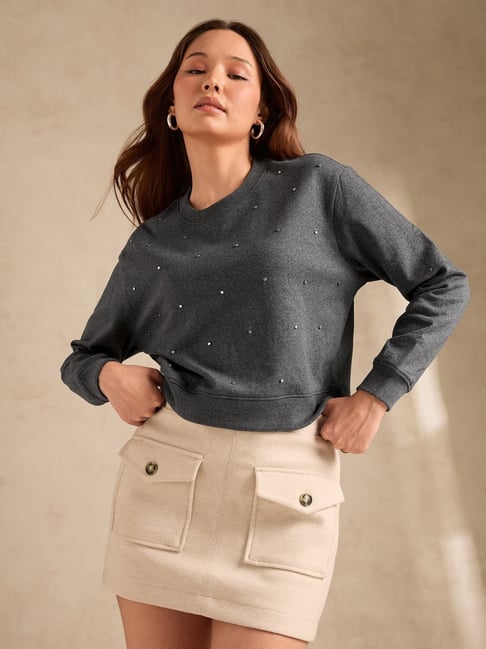 Outzidr Grey Cotton Regular Fit Embellished Sweatshirt