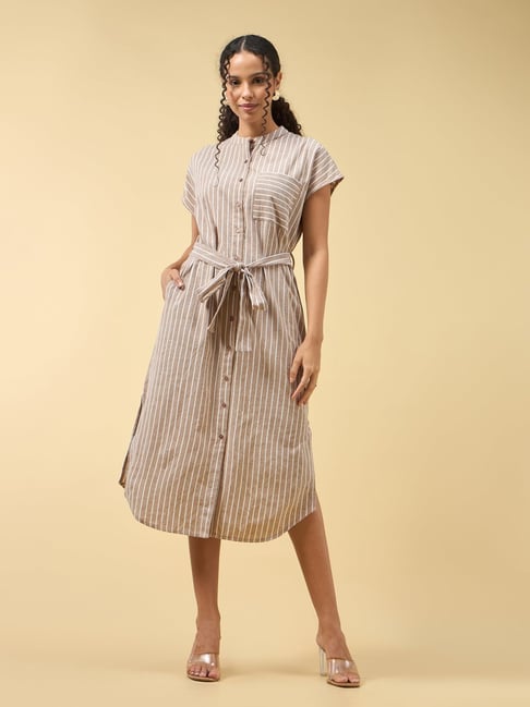 Outzidr Beige Straight Fit Striped Dress
