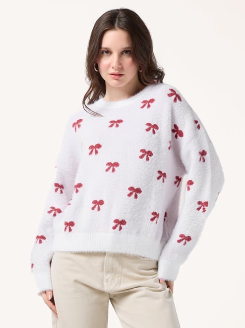 Outzidr White Relaxed Fit Printed Sweater