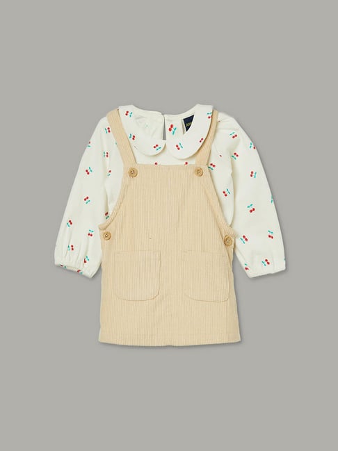 Juniors by Lifestyle Girls Beige Cotton Printed Dungaree Set