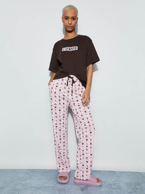 Ginger By Lifestyle Brown Cotton Regular Fit Printed Night Suit