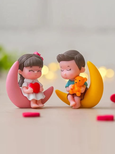 eCraftIndia Multicolor Resin Romantic Moon Couple Statue Miniature Love Showpiece - Set of 2