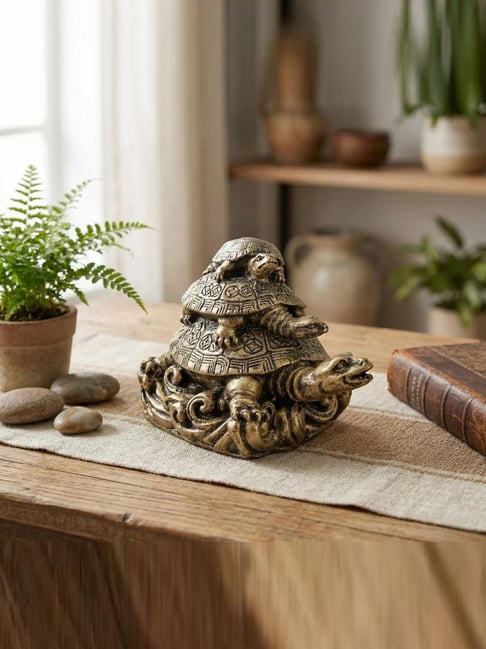 eCraftIndia Golden Resin Triple Tortoise Statue for Good Luck Showpiece