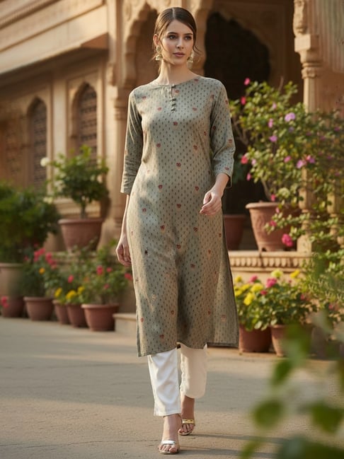 Vaamsi Women Olive Viscose Rayon Solid Printed Straight Kurta