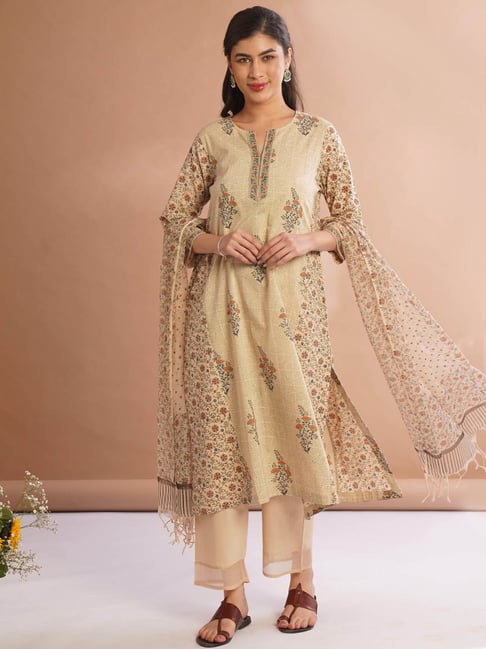 Jaypore Beige Cotton Straight Fit Floral Print Kurta-picture-47