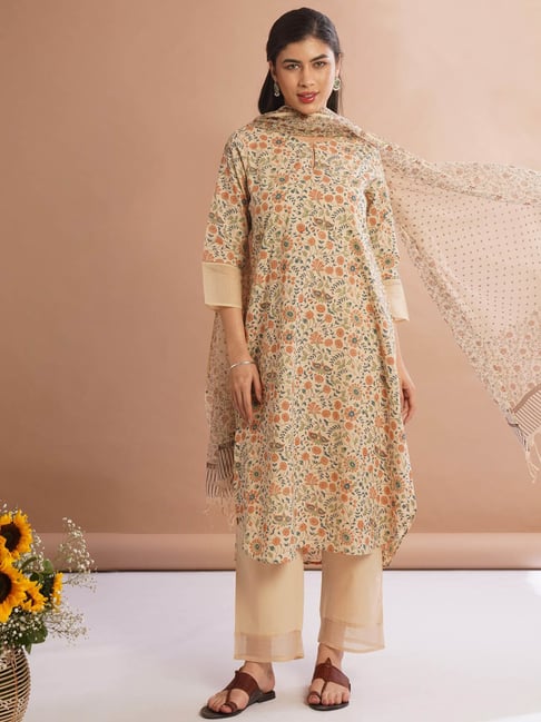 Jaypore Beige Cotton Straight Fit Floral Print Kurta-picture-46