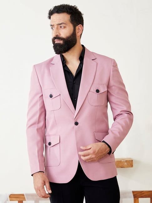 MR BUTTON Pink Solid Tailored Fit Blazer