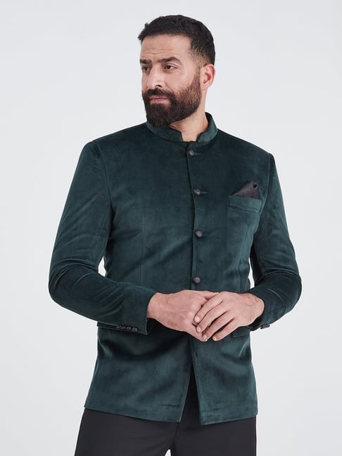 MR BUTTON Green Velvet Solid Tailored Fit Bandhgala