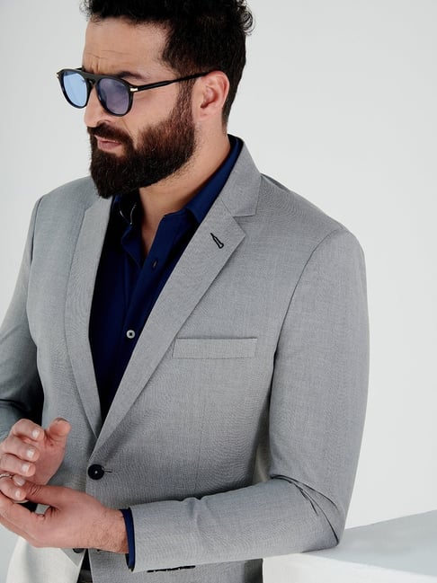 MR BUTTON Grey Textured Tailored Fit Blazer