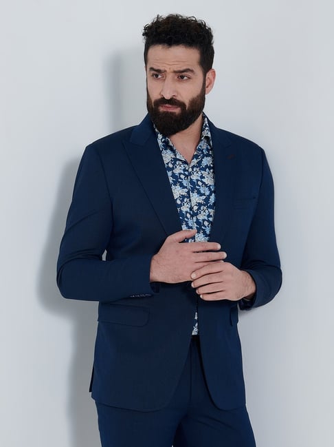 MR BUTTON Blue Textured Tailored Fit Blazer