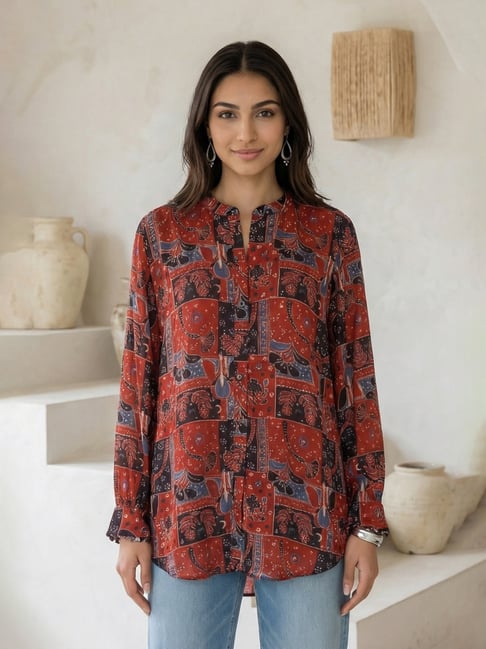 Folksong Red Modal Abstract Long Sleeves Top-picture-47