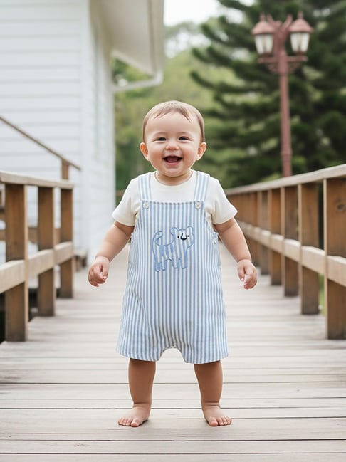 Miniklub Boys Cream and Blue Regular Fit Striped Dungaree Set
