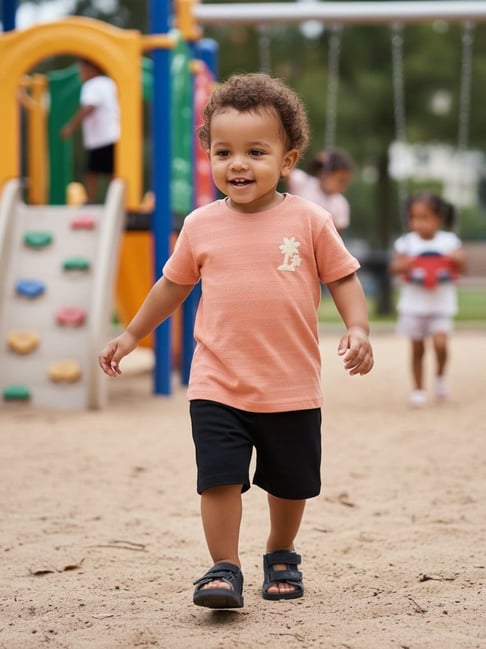 Miniklub Boys Peach Regular Fit Embroidered T-Shirt