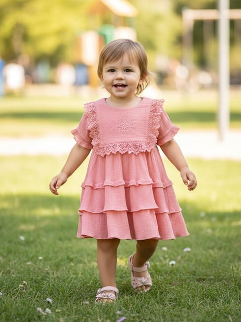 Miniklub Girls Peach Regular Fit Embroidered Dress