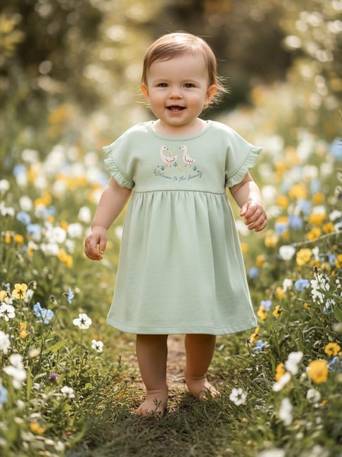 Miniklub Girls Green and White Regular Fit Printed Dress - Pack of 2