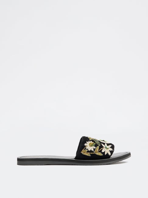LUNA BLU by Westside Black Floral Embellished Slides