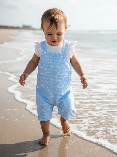 Miniklub Girls White and Blue Regular Fit Printed Dungaree Set