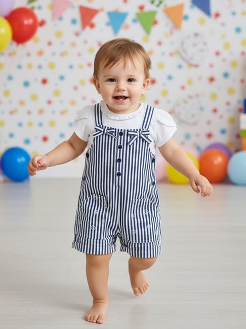 Miniklub Girls White and Navy Blue Regular Fit Striped Dungaree Set
