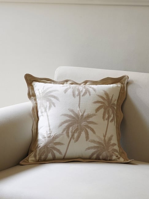 Pure Home and Living Beige Cotton Palm Print Cushion Cover