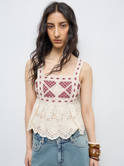 Bombay Paisley by Westside Off-White Crochet Knit Cotton Top