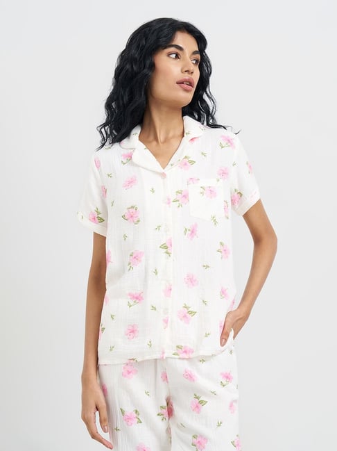 Dreamz By Pantaloons Snow White Relaxed Fit Floral Print Sleepwear Shirt