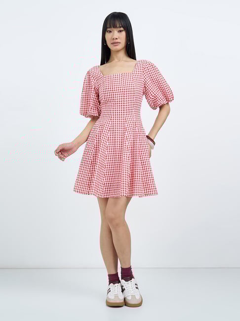 Sf Jeans By Pantaloons Star White & Red Slim Fit Checked Dress