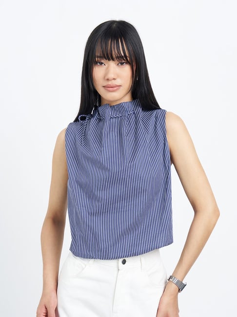 People By Pantaloons Blue Quartz Relaxed Fit Striped Top