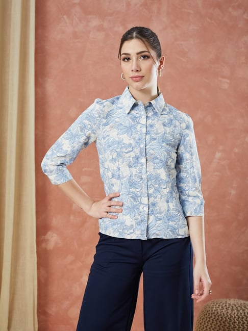Latin Quarters Light Blue Polyester Floral Print Shirt-picture-28