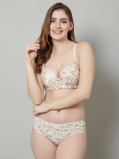 PrettyCat Beige Polyester Printed Lingerie Set