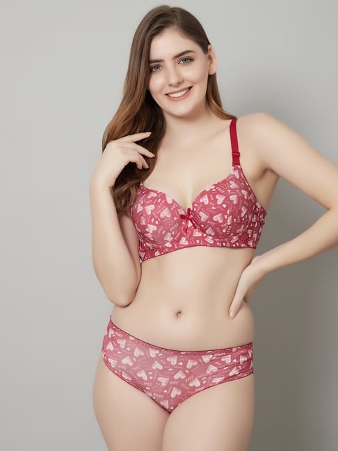 PrettyCat Red Polyester Printed Lingerie Set