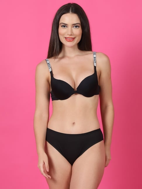 PrettyCat Black Polyamide Solid Lingerie Set