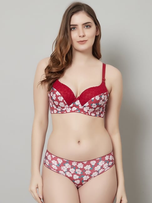 PrettyCat Red Polyester Printed Lingerie Set