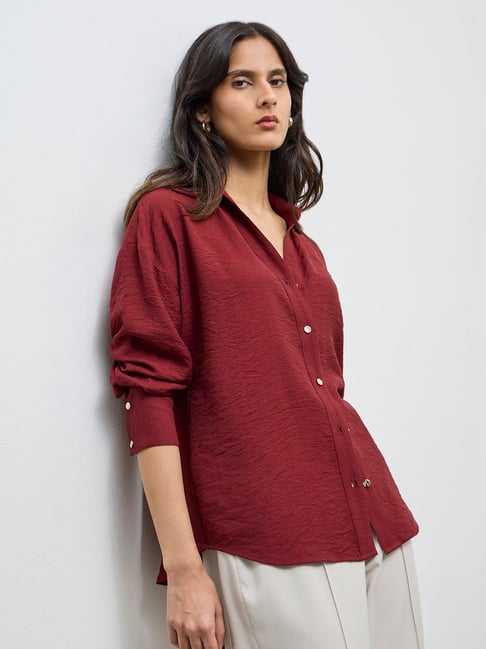 Wardrobe by Westside Red Crinkle-Textured Shirt