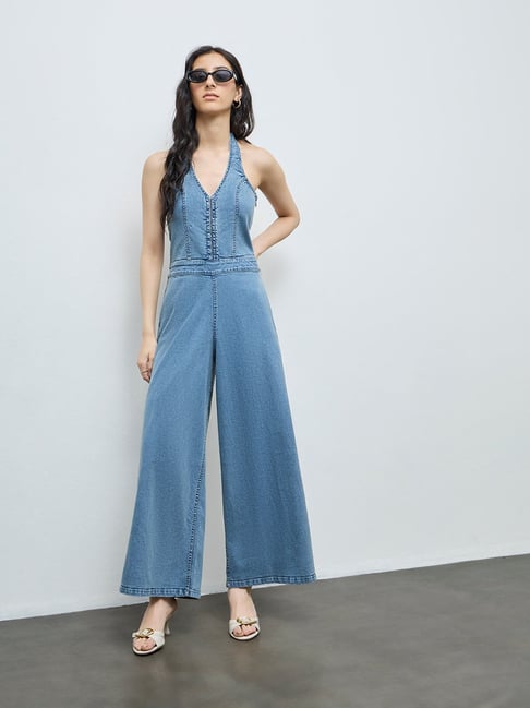 Nuon by Westside Blue Halter-Neck Denim Jumpsuit