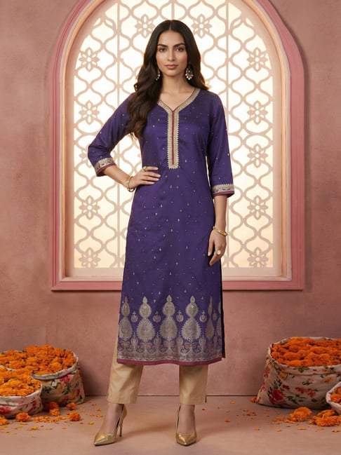 Aurelia Purple Geometric Straight Fit Kurta-picture-45