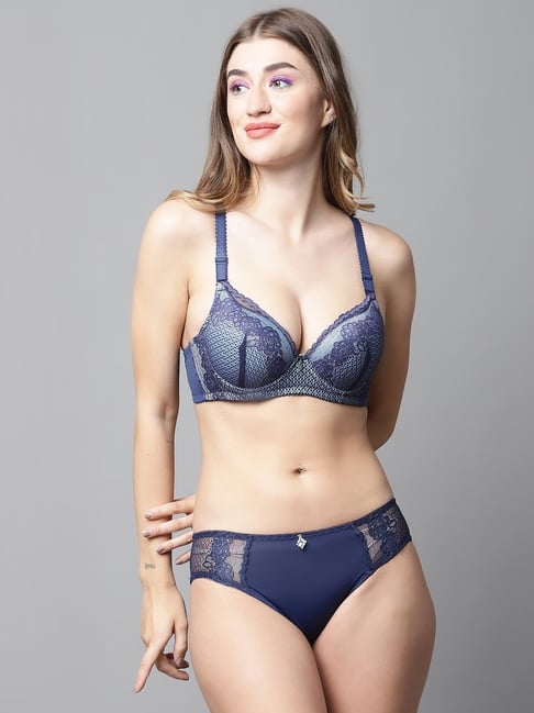 PrettyCat Blue Polyester Embroidered Lingerie Set