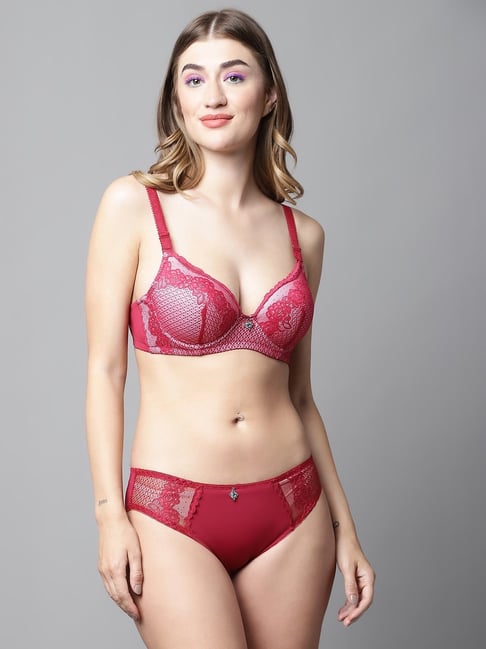 PrettyCat Red Polyester Embroidered Lingerie Set