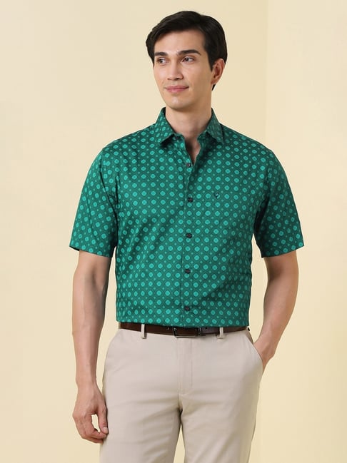 Allen Solly Green Cotton Slim Fit Printed Shirt