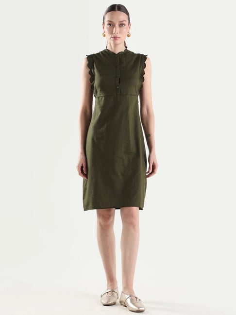 RAREISM Olive Cotton Solid A-Line Dress