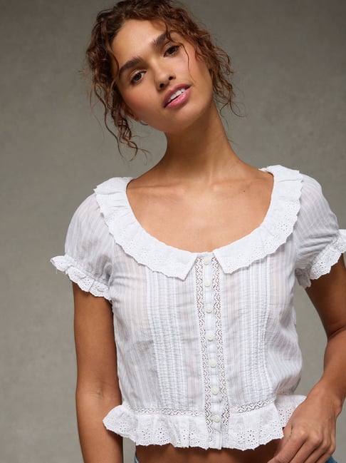 American Eagle White Cotton Striped Top