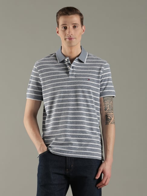 TOMMY HILFIGER Grey Striped Regular Fit Polo T-Shirt-picture-42