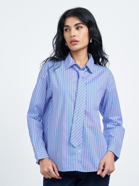 Sf Jeans By Pantaloons Blue Relaxed Fit Striped Shirt With Detachable Tie