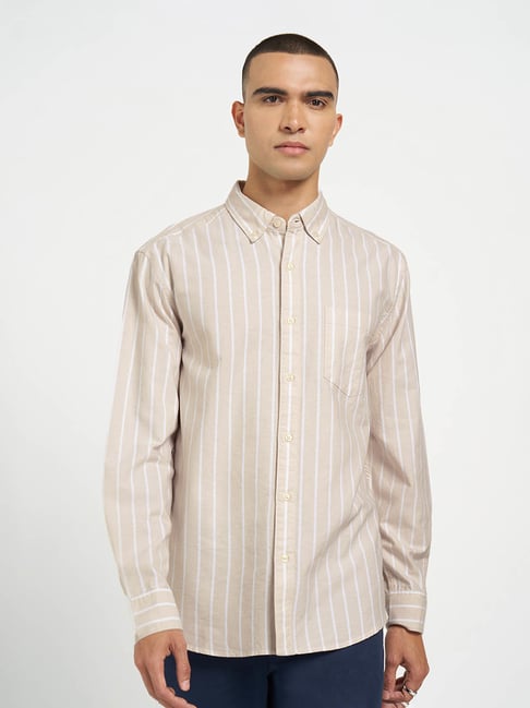 Peregrine By Pantaloons Toasted Almond Relaxed Fit Striped Shirt-picture-11