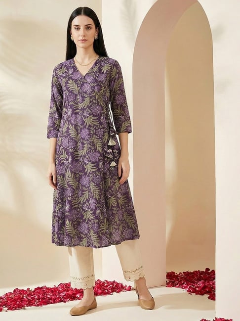 Globus Purple Cotton Printed Three-Quarter Sleeves Kurti