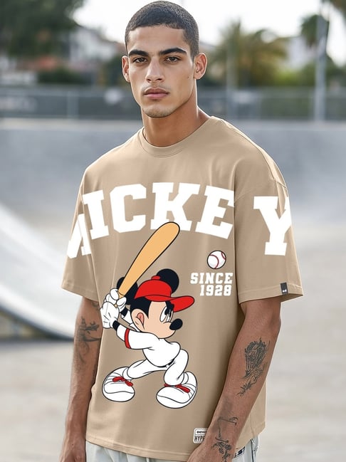 Bewakoof Official Disney Merchandise Ginger Root Brown Mickey Graphic Printed Oversized T-shirt-picture-10