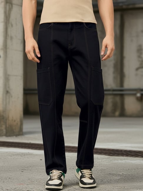 Bewakoof Men's Black Straight Fit Cargo Mid-rise Jeans
