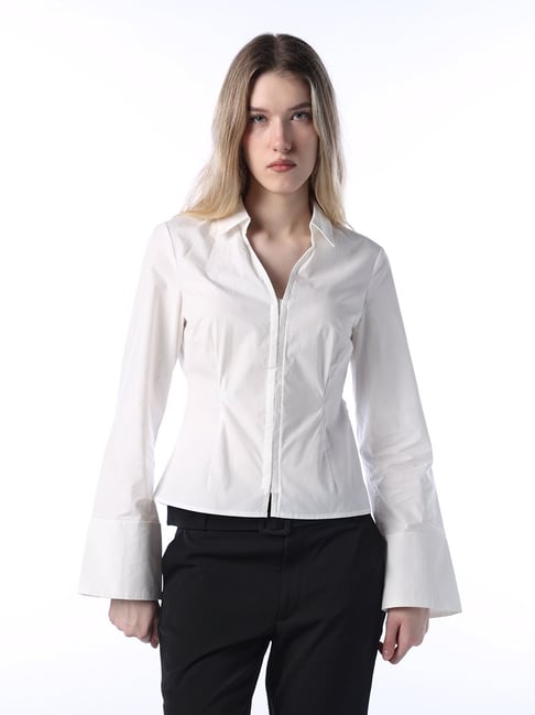 Only Bright White Cotton Solid Slim Fit Shirt