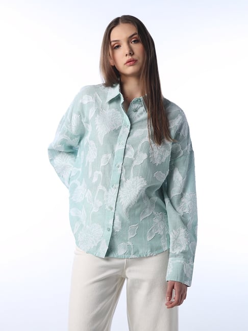 Only Bud Green Cotton Embroidered Regular Fit Shirt